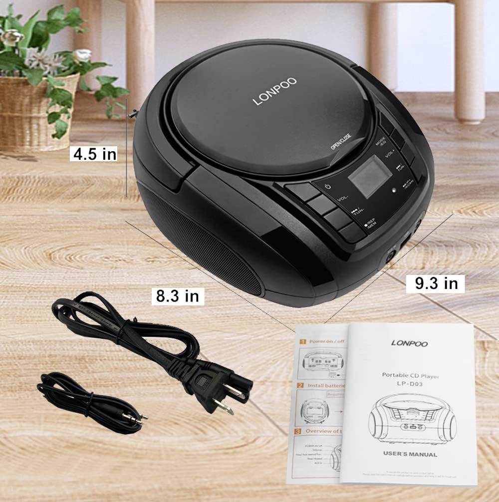 Black CD Player Boombox with FM Radio, Bluetooth, USB, AUX, LCD Display, Pack of 2 P43261