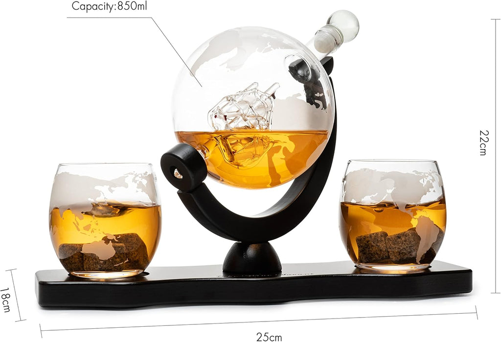 Globe Whiskey Decanter Set with 2 Etched Whisky Glasses and Whiskey Stones 850ml L2006