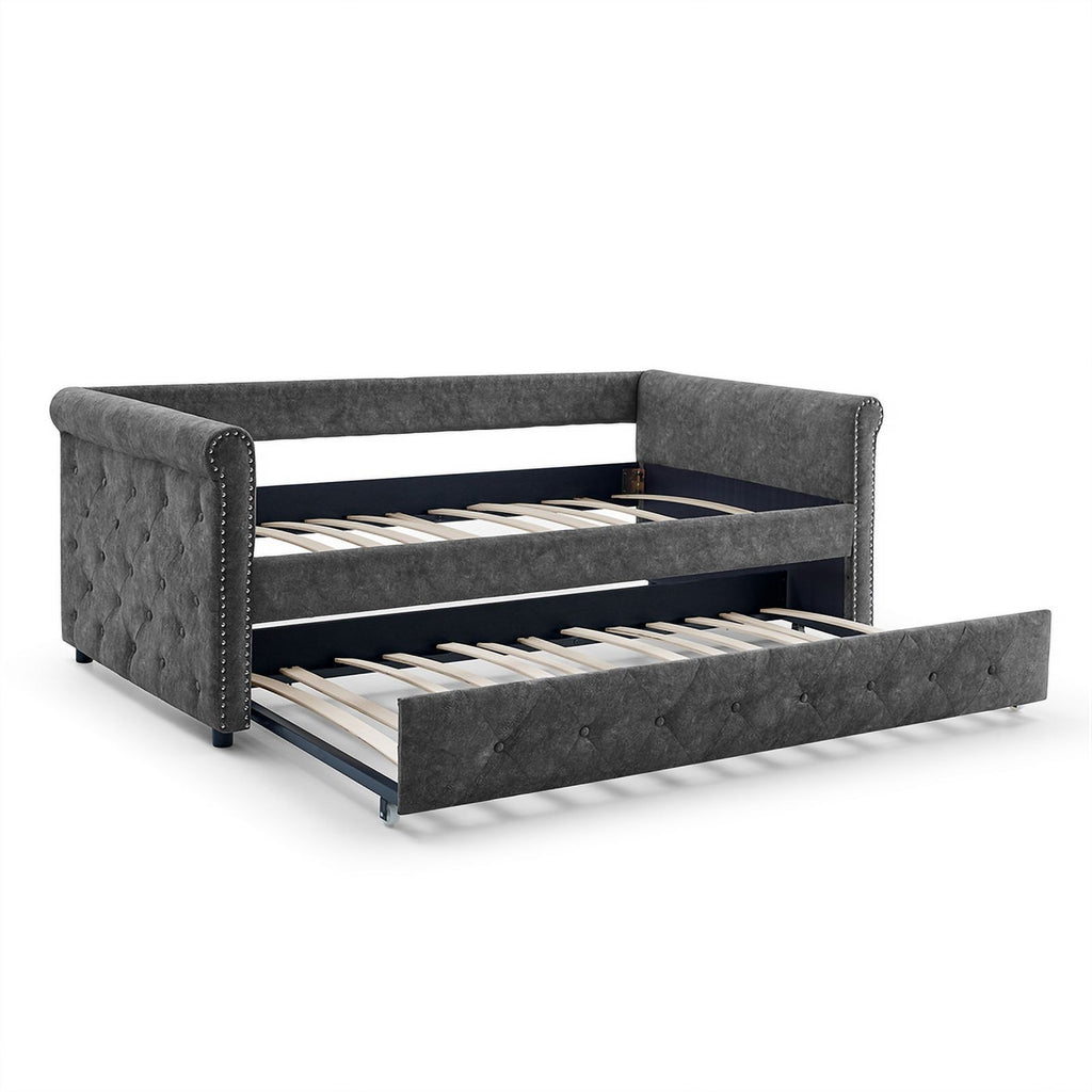 Gray Upholstered Tufted Sofa Bed With Rollers N64947
