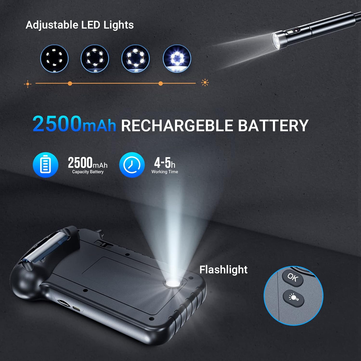 5'' IPS Screen 1080P Industrial Snake Camera with 11.5FT Waterproof Flexible Cable 8 LEDs 32GB Card U23183