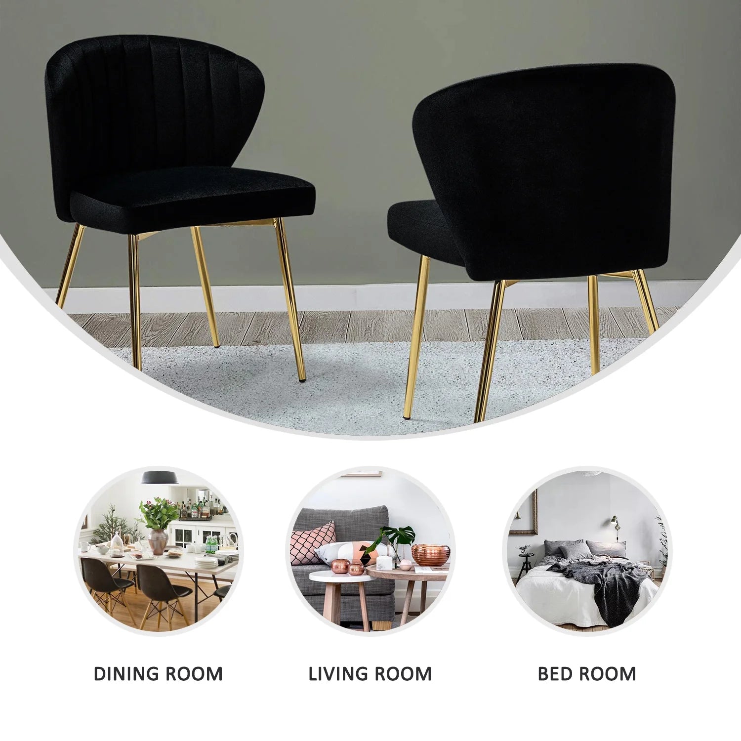 Black Velvet Upholstered Wingback Dining Chairs Set of 4 with Metal Legs V8939