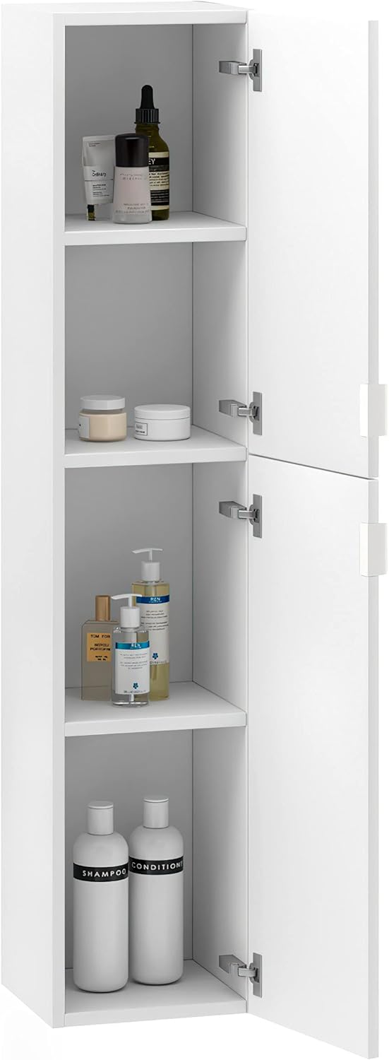 White Oak Wood Finish Column Cabinet with Gold Handles N59293