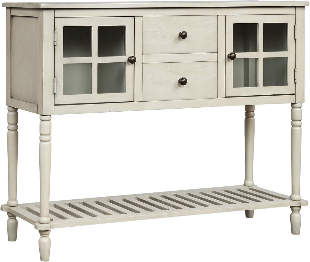 Antique Grey Console Table with 2 Storage Drawers and 2 Glass Door Cabinets C37456