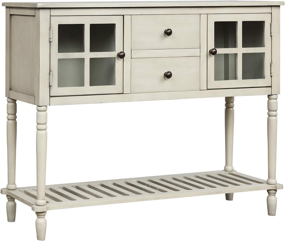 Antique Grey Console Table with 2 Storage Drawers and 2 Glass Door Cabinets C37456