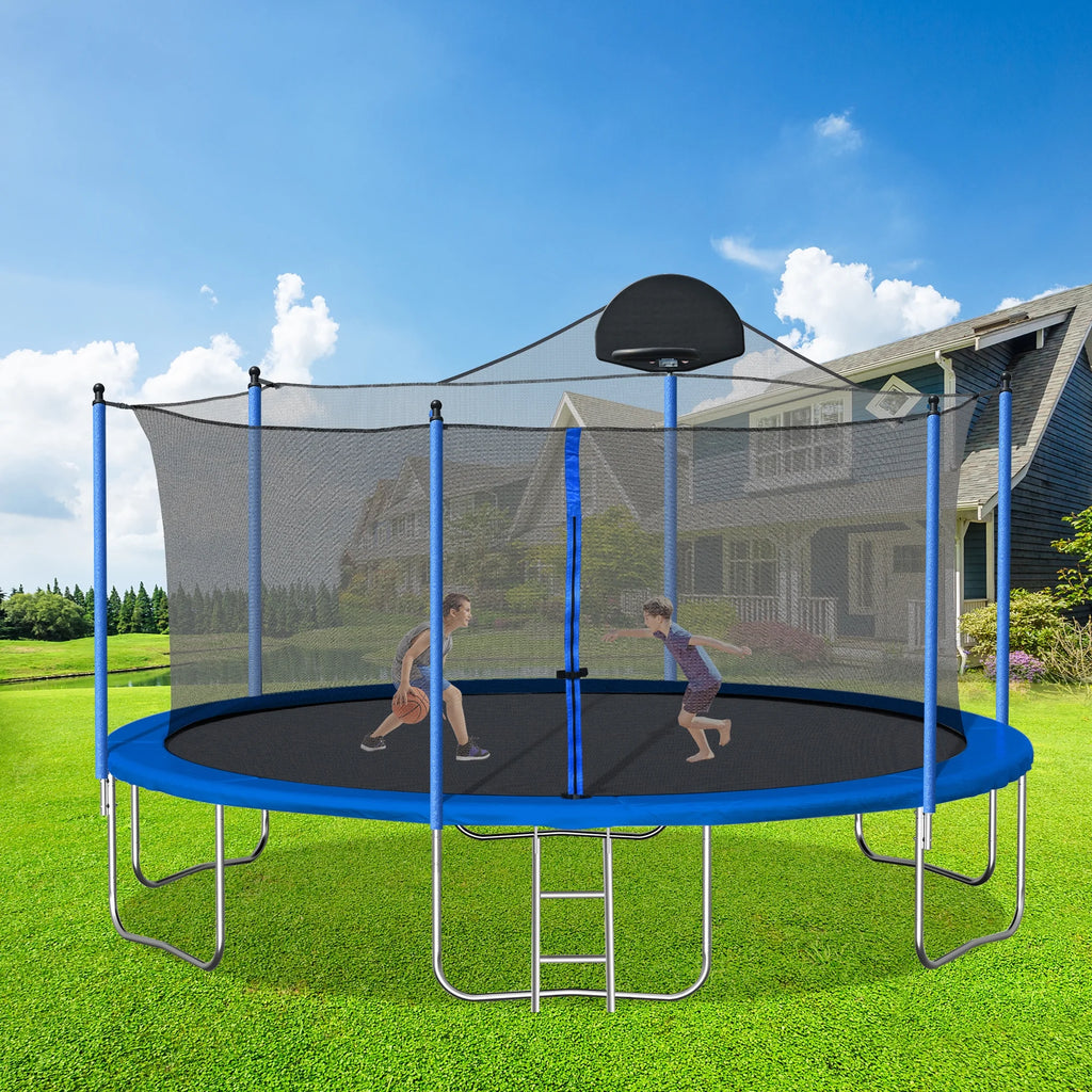 14 FT Trampoline Set with Safety Enclosure Net, Basketball Backboard and Ladder R1539