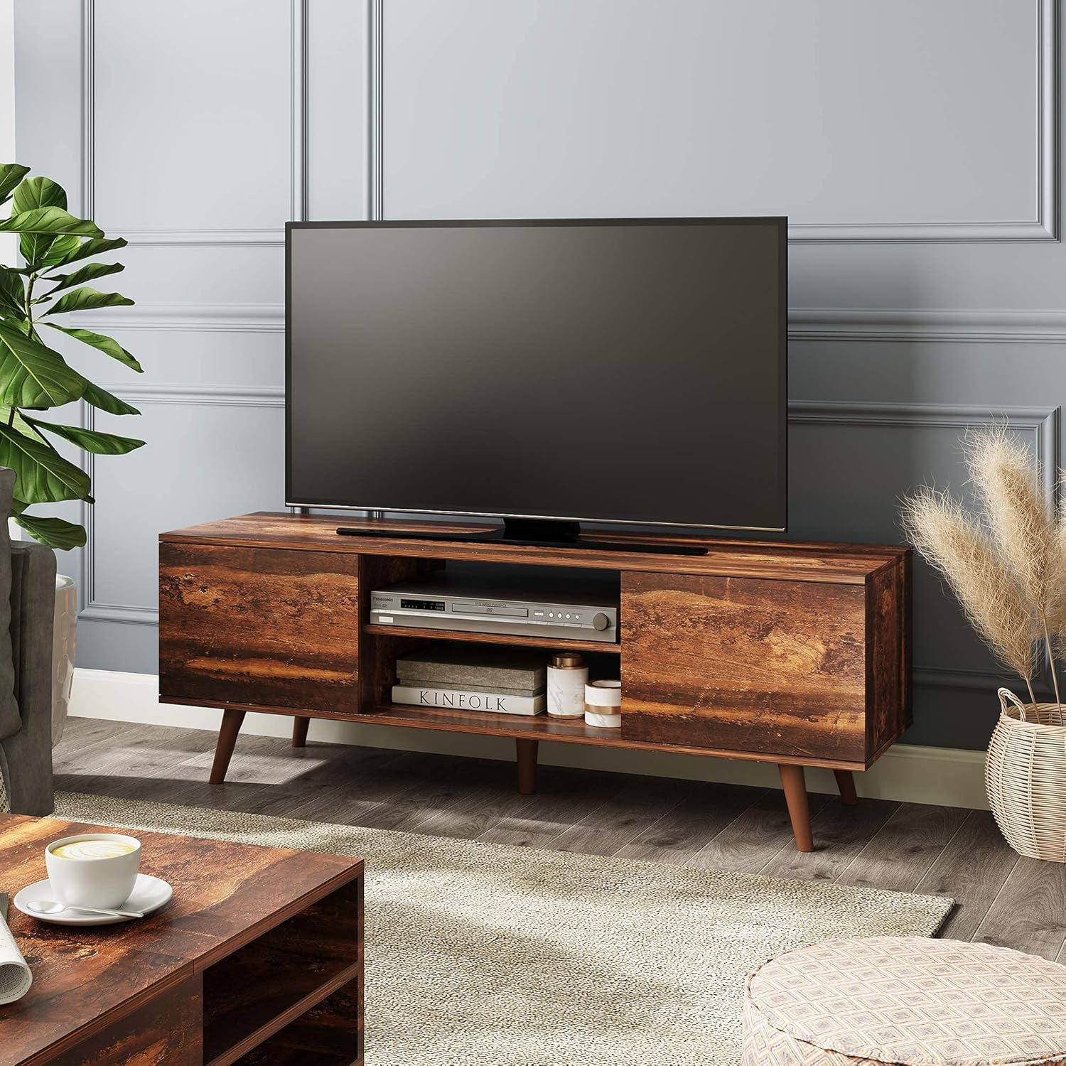 Gray Oak TV Stand with Storage Cabinet and Open Shelves M7842