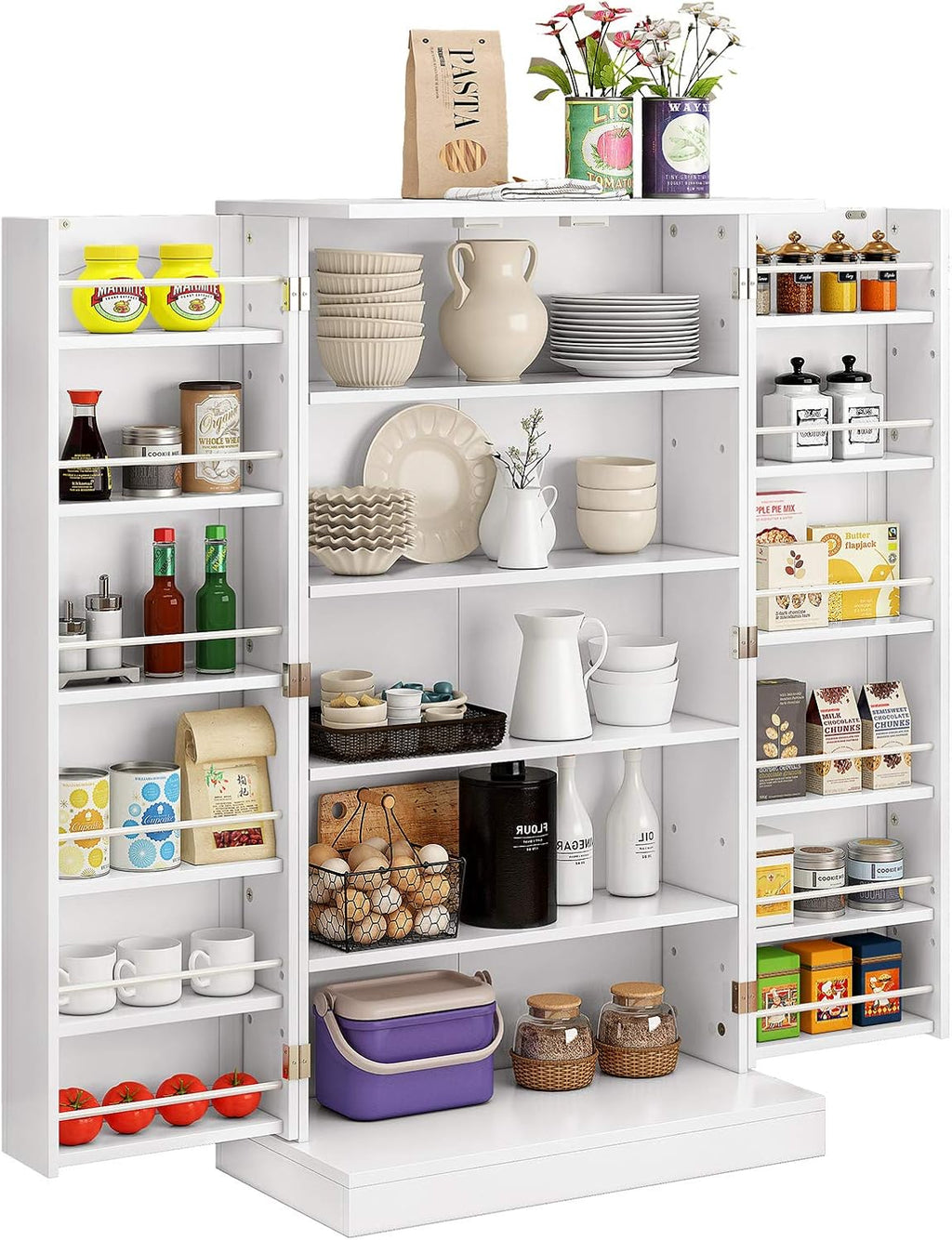 White Farmhouse Kitchen Pantry Storage Cabinet with Doors and Adjustable Shelves Q6489