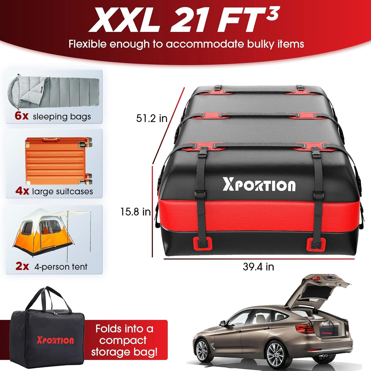 Waterproof Rooftop Cargo Carrier Bag, 15 Cubic Feet, with Non-Slip Mats and Straps H9274