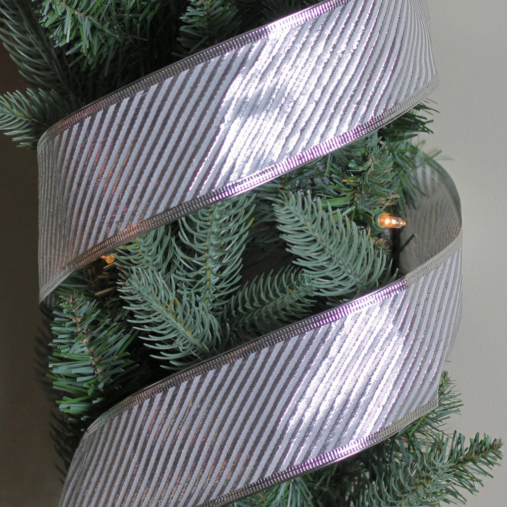 Shiny Silver Diagonal Striped Wired Christmas Craft Ribbon 2.5 x 120 Yards U23740