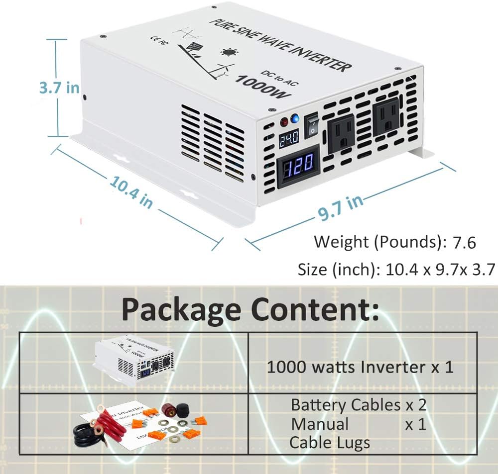 1000 Watt 24V Pure Sine Wave Power Inverter Dual 120V AC Outlets V71183