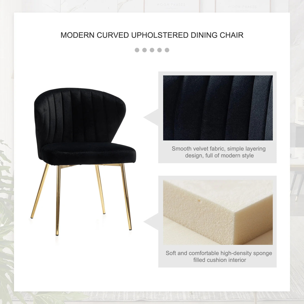 Black Velvet Upholstered Wingback Dining Chairs Set of 4 with Metal Legs V8939
