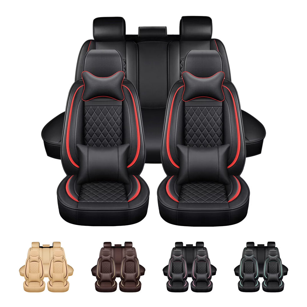 5 Seats PU Leather Car Seat Covers with 4 Pillows Black+Red G128