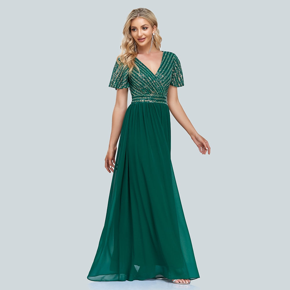 Green V-Neck Sequins Chiffon Formal Gown R761570