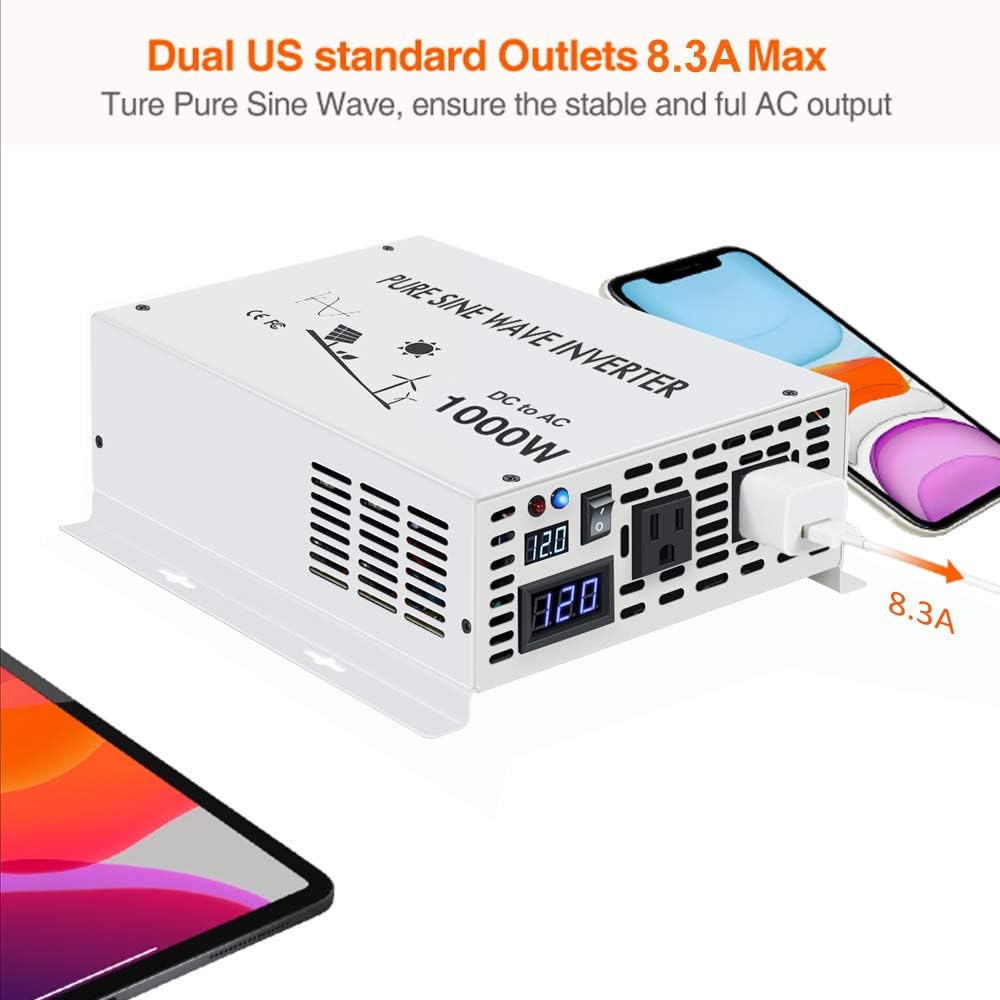 1000 Watt 24V Pure Sine Wave Power Inverter Dual 120V AC Outlets V71183
