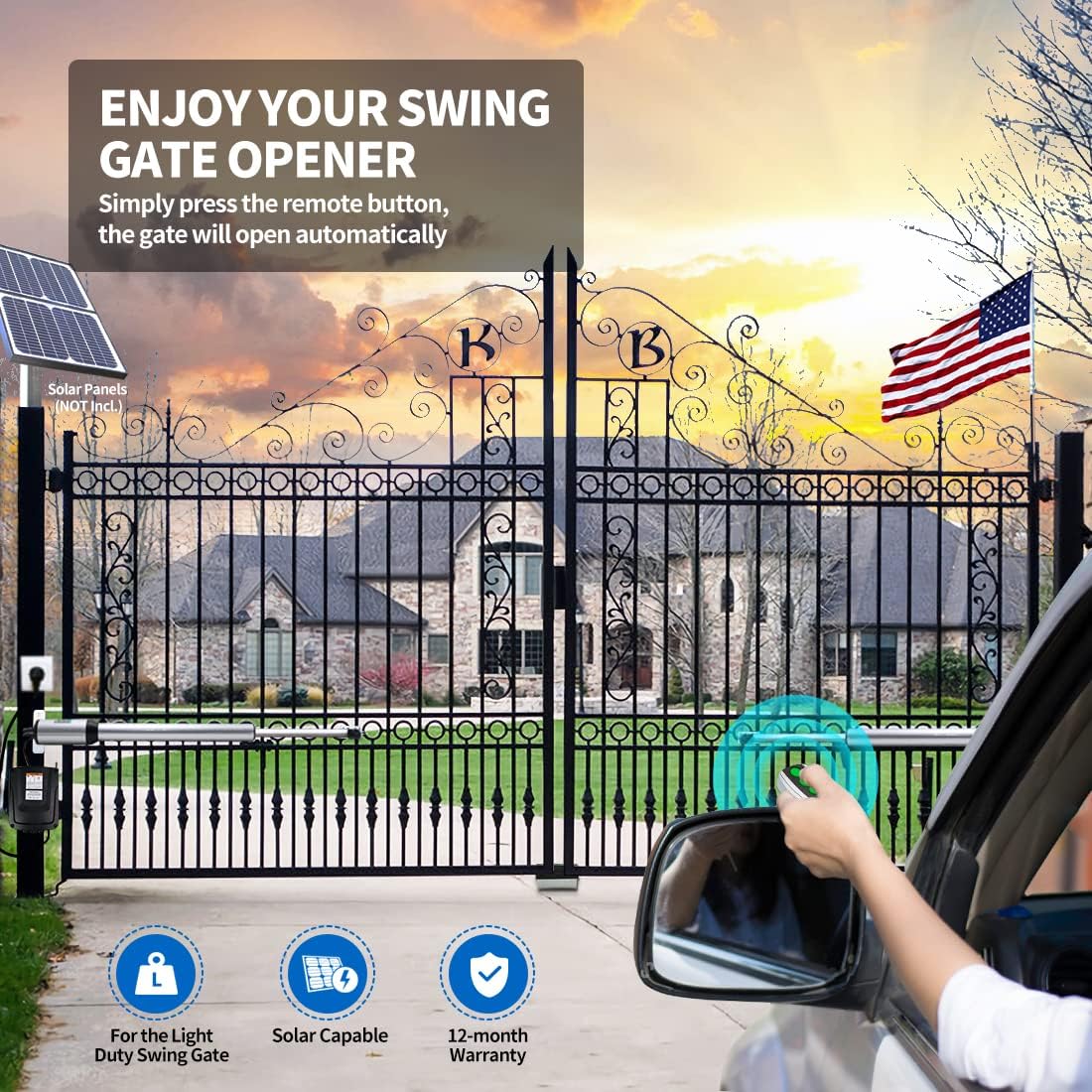 Dual Swing Gate Opener Automatic Gate Motor for Double Swing Gate Up to 12ft per Arm, Electric Driveway Gate Operator AC Powered with Remote Control Kit Solar Compatible W504