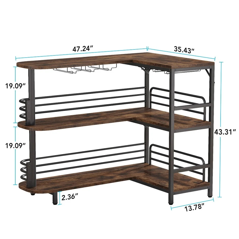 Rustic Brown L-Shaped 3 Tier Liquor Bar Table with Storage Shelves and Wine Glasses Holder J225882