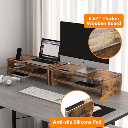 2 Tier Rustic Brown Wood Monitor Stand with Storage Shelves O631