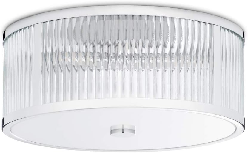 Chrome Flush Mount Ceiling Light, 18 Inch Diameter, LED Bulbs Included, 3000K, 2100 Lumens, Ribbed Glass Shade, Dimmable T56109