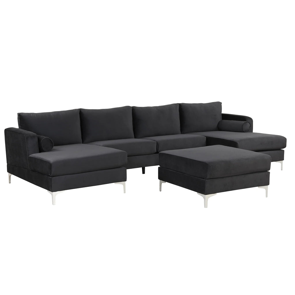 Black Velvet U-Shape Sectional Sofa with Ottoman P41436