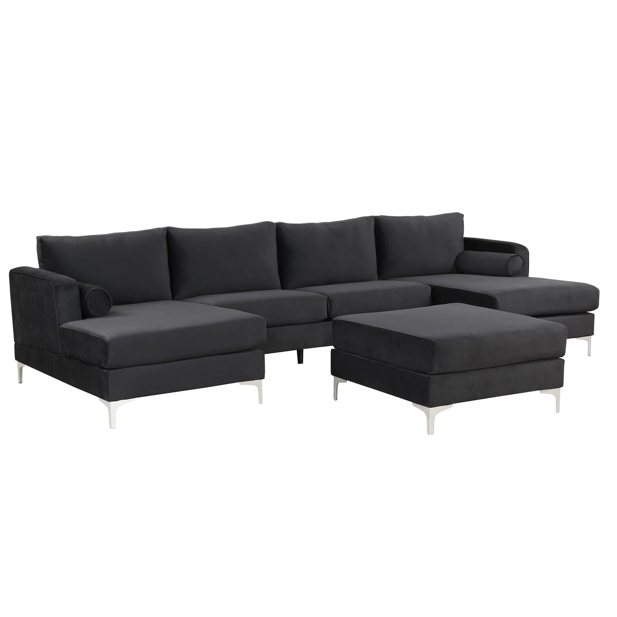 Black Velvet U-Shape Sectional Sofa with Ottoman P41436