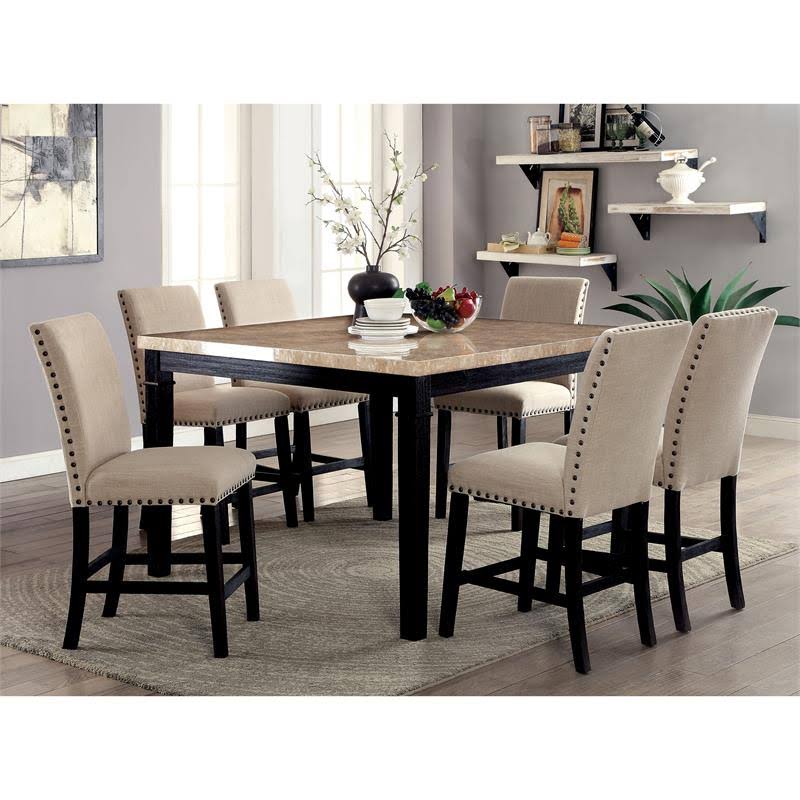 Black Wood Counter Height Table with Faux Marble Top U8951
