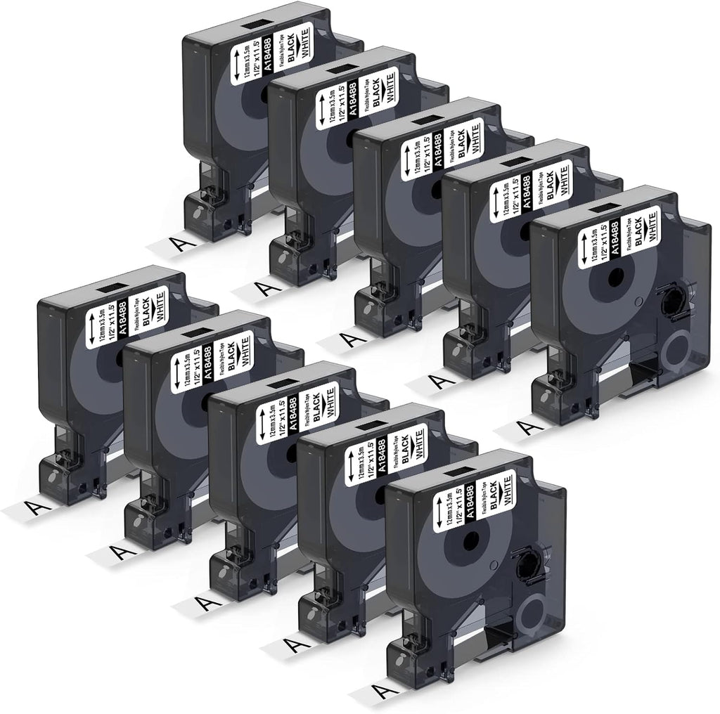 Industrial Label Tape Replacement for DYMO Rhino Label Maker, Black on White, 1/2'' x 11.5', 10-Pack L2934