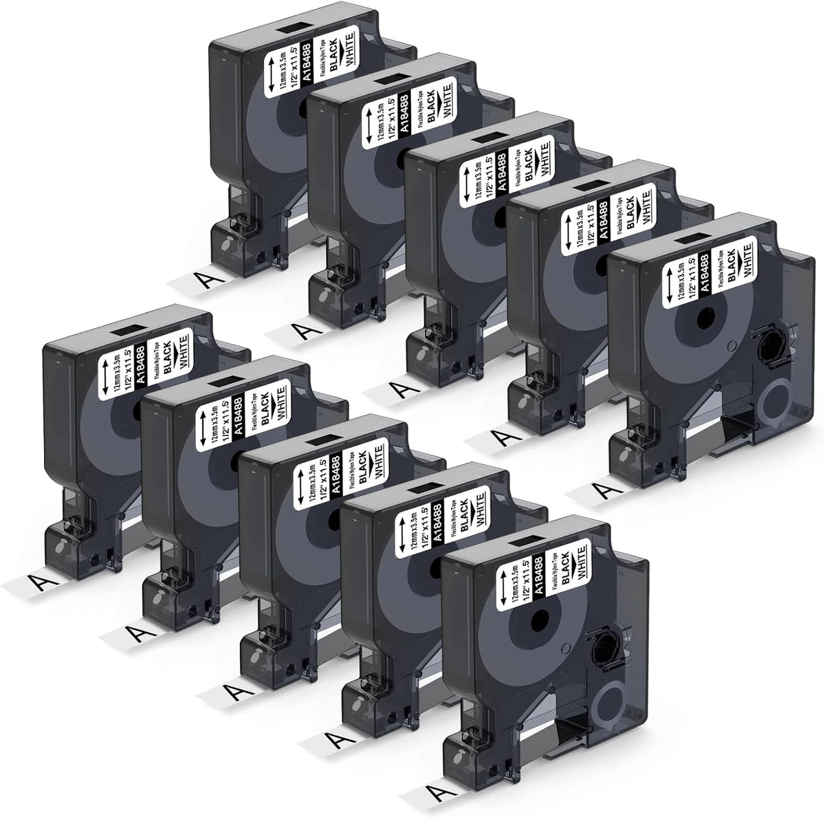 Industrial Label Tape Replacement for DYMO Rhino Label Maker, Black on White, 1/2'' x 11.5', 10-Pack L2934