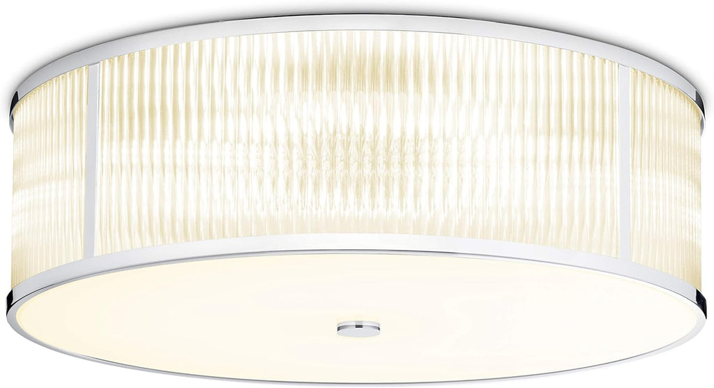 Chrome Flush Mount Ceiling Light, 18 Inch Diameter, LED Bulbs Included, 3000K, 2100 Lumens, Ribbed Glass Shade, Dimmable T56109
