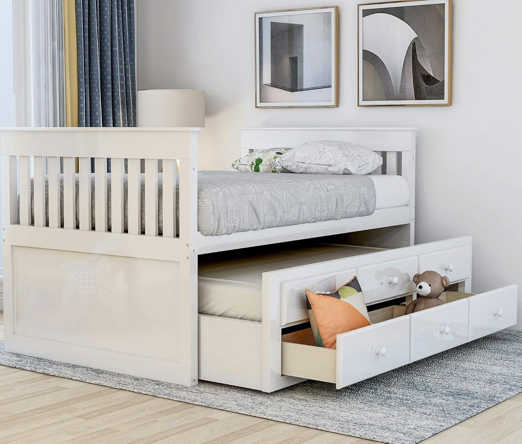 White Twin Captain's Bed Storage Daybed with Trundle and Drawers B87878