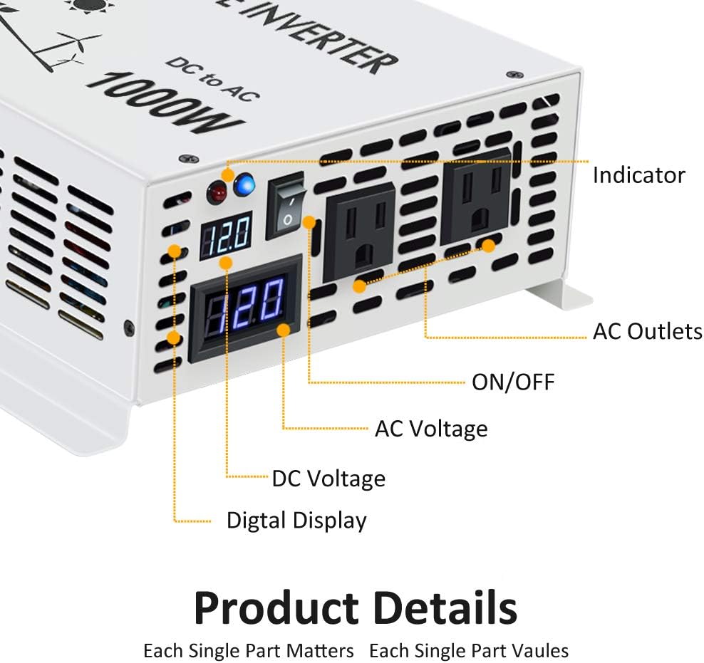 1000 Watt 24V Pure Sine Wave Power Inverter Dual 120V AC Outlets V71183