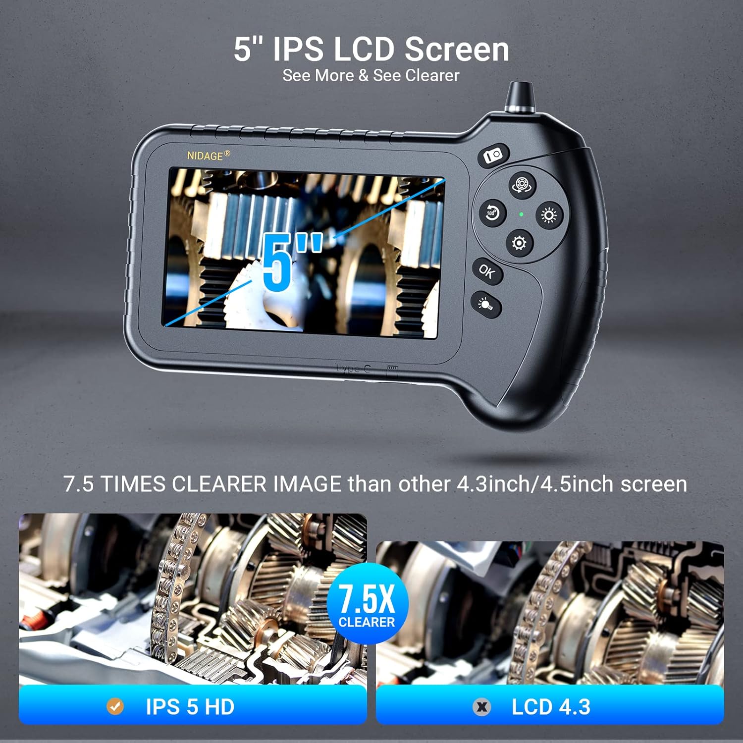 5'' IPS Screen 1080P Industrial Snake Camera with 11.5FT Waterproof Flexible Cable 8 LEDs 32GB Card U23183