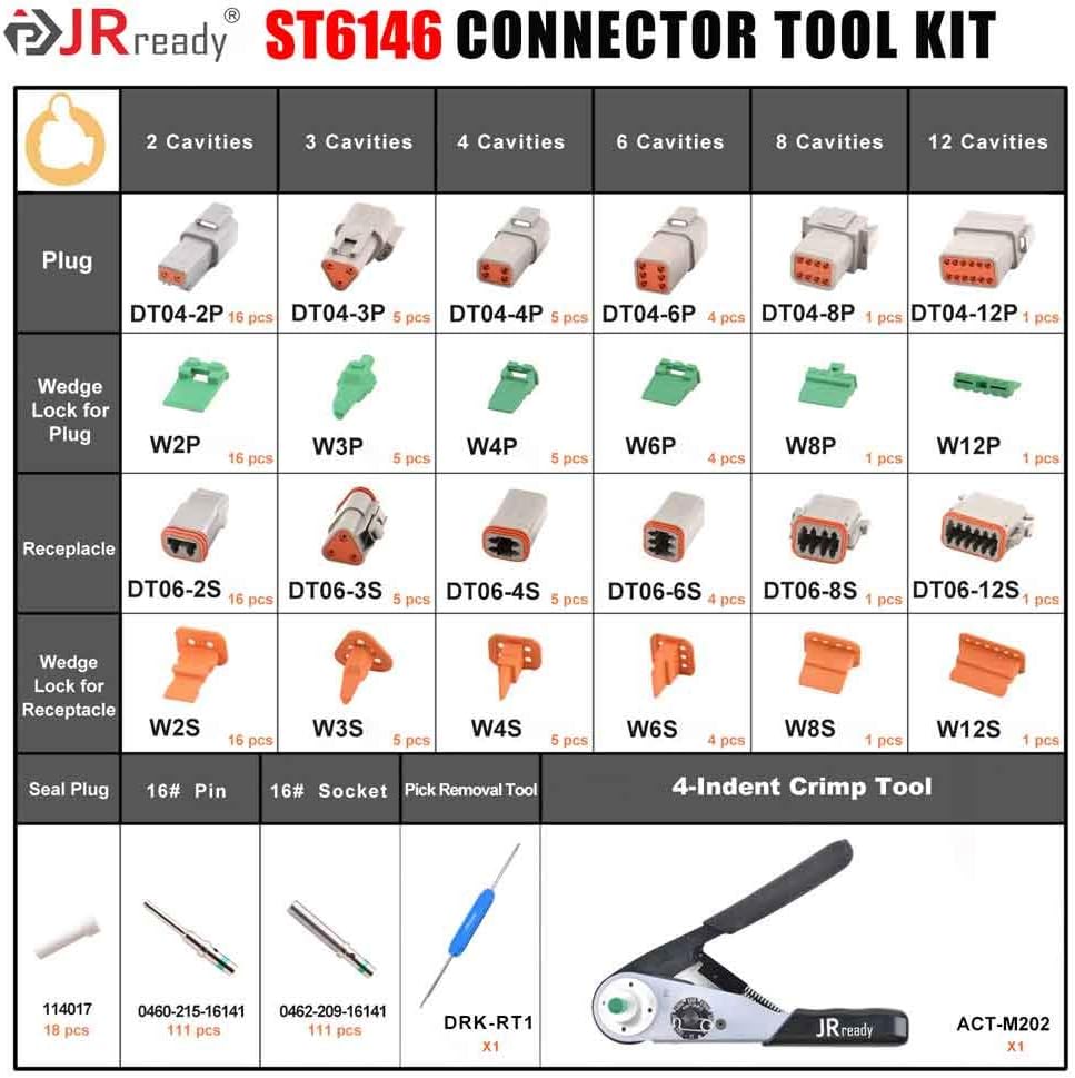 DT Connector Kit Electrical Connector Kit with Solid Terminals Crimp Tool Wire Size 12-22AWG W167