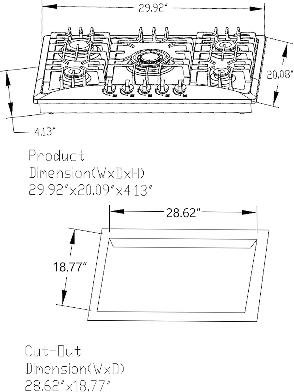 30" Stainless Steel Gas Stove Cooktop with 5 Burners J72346