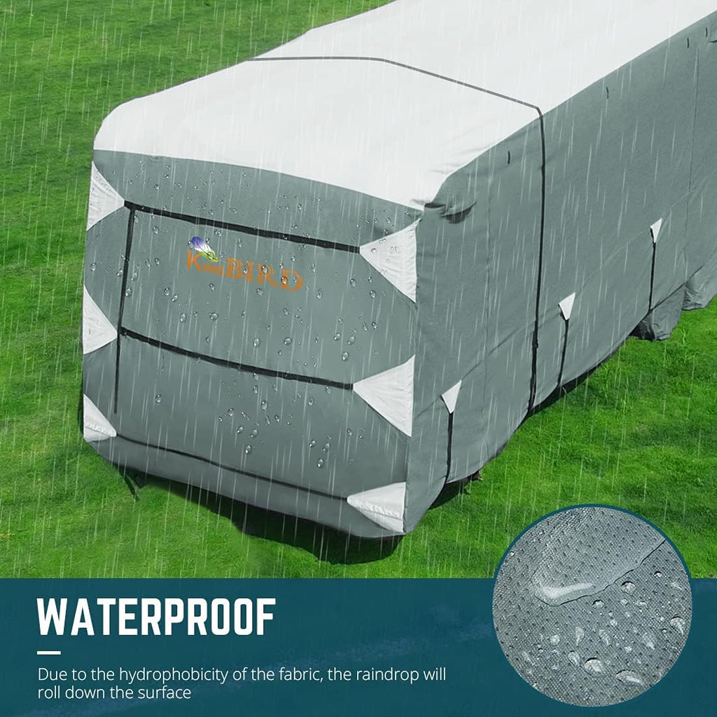Extra-Thick 5 Layers Waterproof RV Cover with 2Pcs Straps & 4 Tire Covers D5884