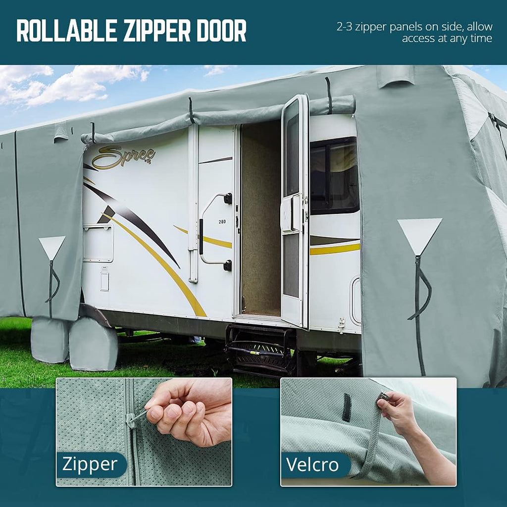 Extra-Thick 5 Layers Waterproof RV Cover with 2Pcs Straps & 4 Tire Covers D5884