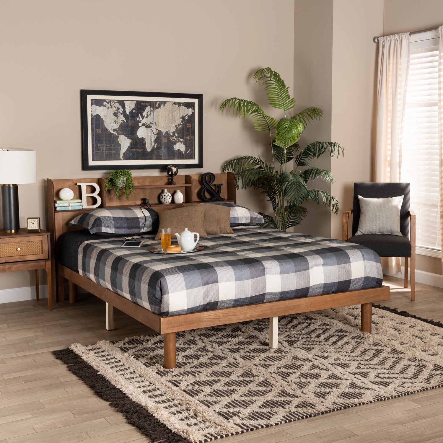 Walnut Brown Finished Wood Full Size Platform Bed With Charging Station L27046