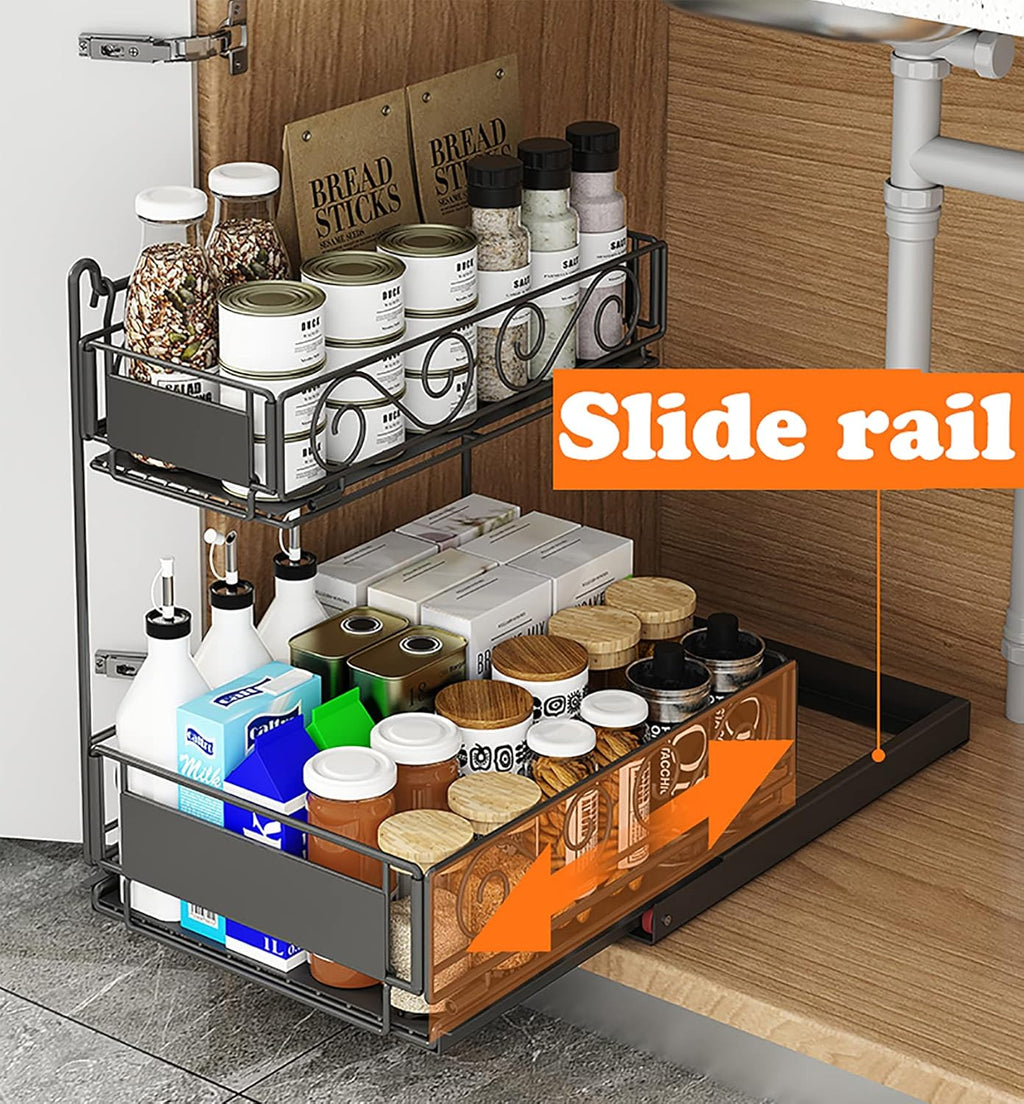 Black 2-Tier Under Sink Organizer with Sliding Drawer M61626