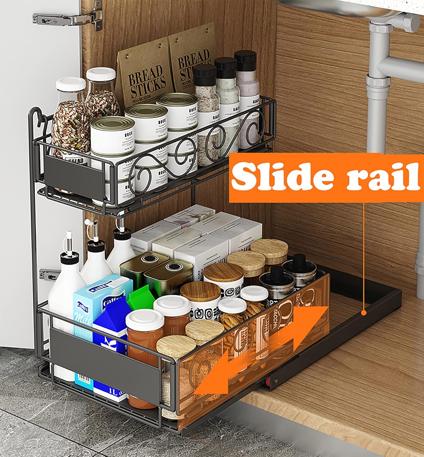 Black 2-Tier Under Sink Organizer with Sliding Drawer M61626