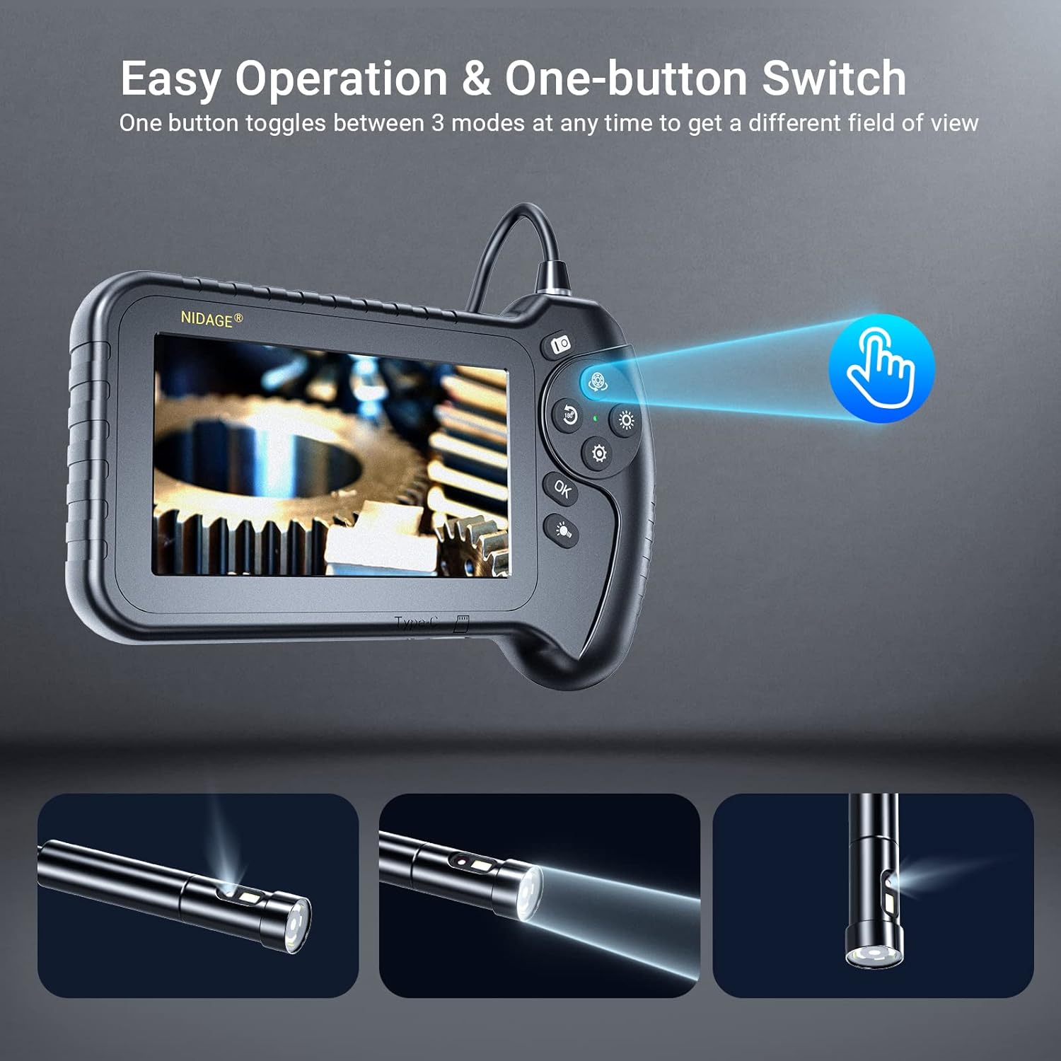 5'' IPS Screen 1080P Industrial Snake Camera with 11.5FT Waterproof Flexible Cable 8 LEDs 32GB Card U23183