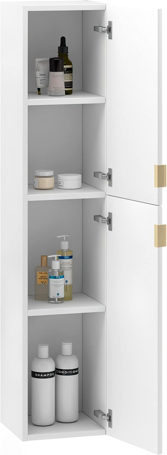 White Oak Wood Finish Column Cabinet with Gold Handles N59293