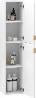 White Oak Wood Finish Column Cabinet with Gold Handles N59293