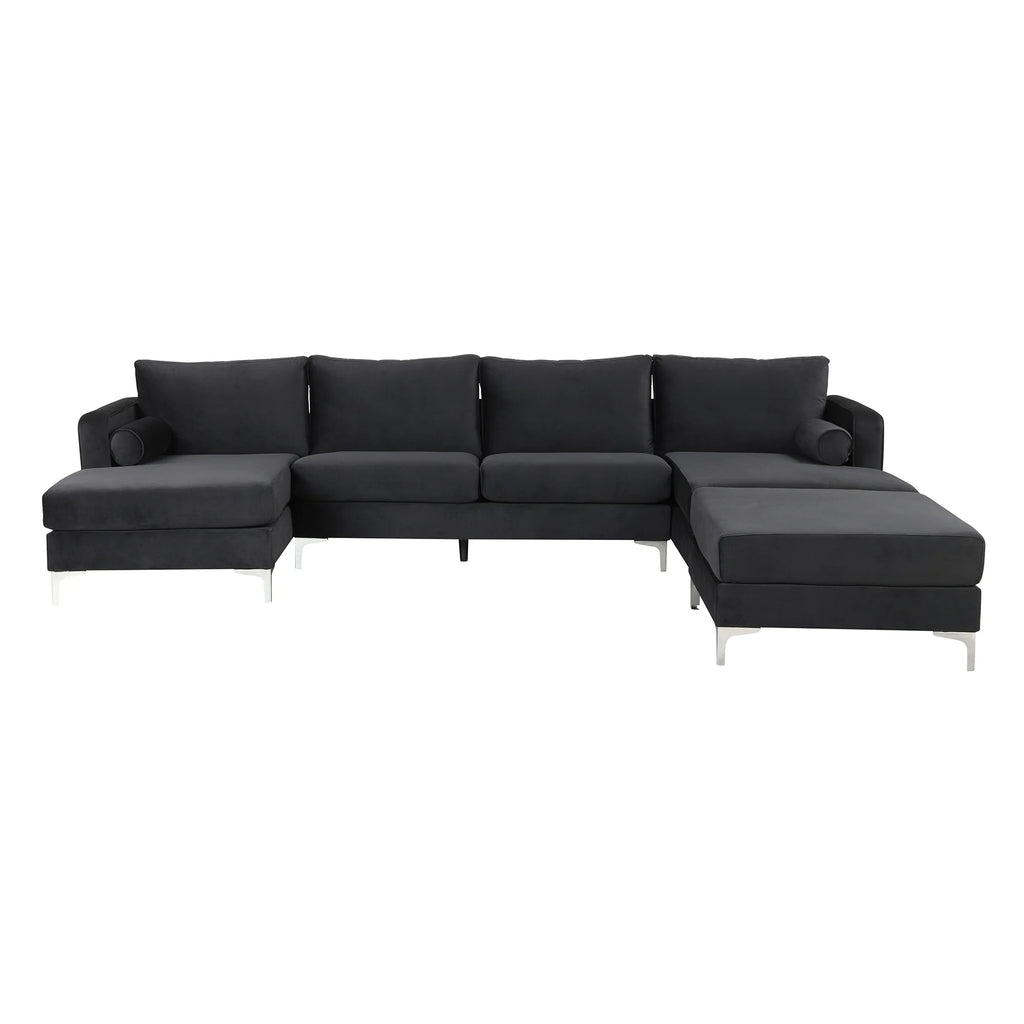 Black Velvet U-Shape Sectional Sofa with Ottoman P41436