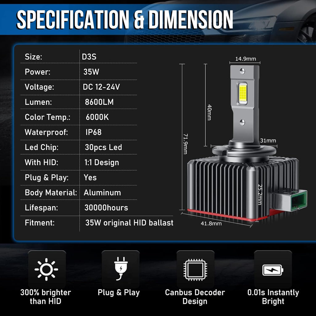 D3S LED Bulbs 6000K White 70W 8600LM Headlight Bulb R375