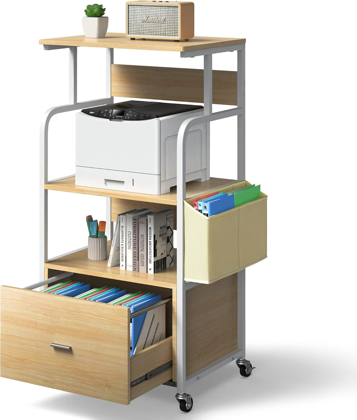 3 Tier Printer Stand with Drawer, Canvas Bag, Metal Hook, Lockable Casters Q993393