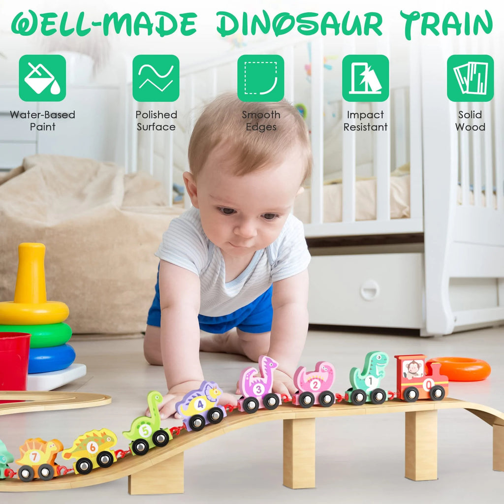 Wooden Dinosaur Train Car with Numbers, 11 Pieces Educational Montessori Toys I3366