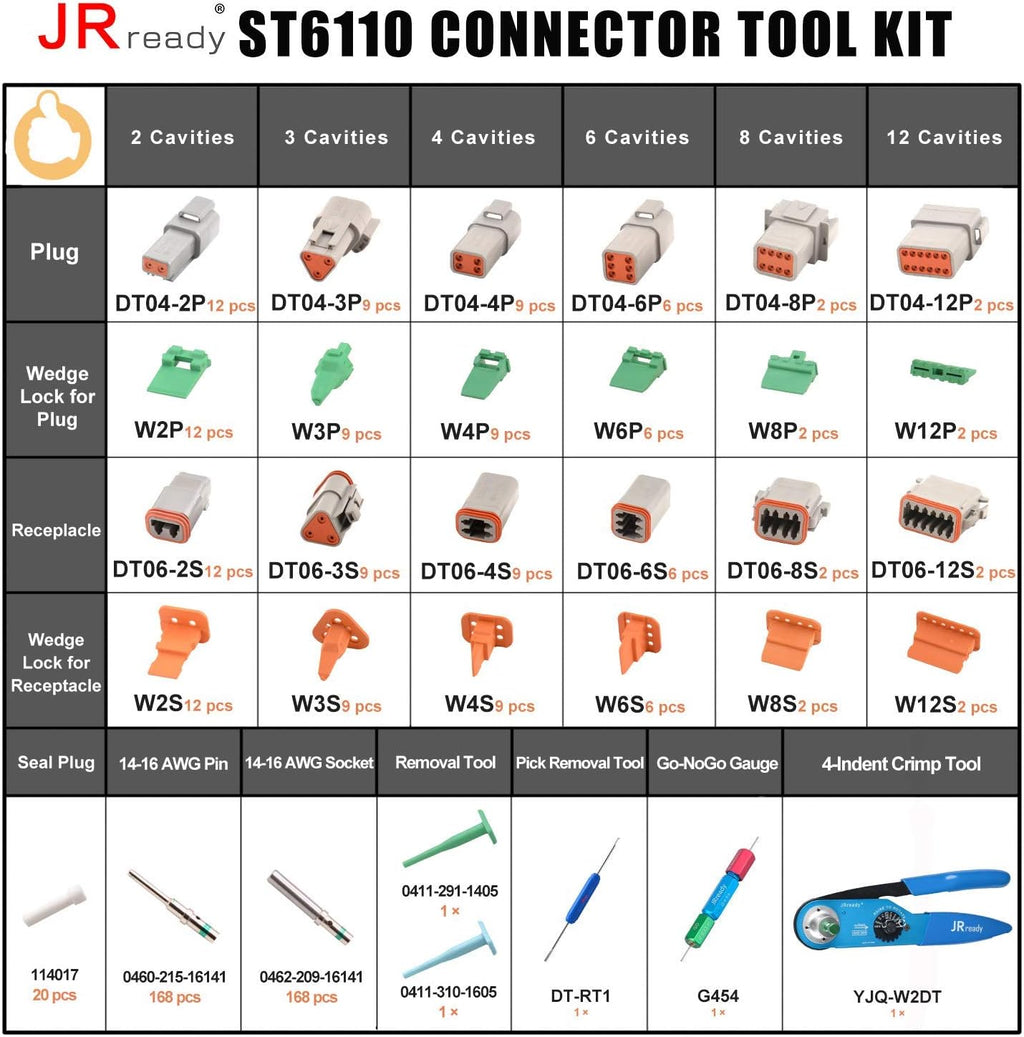 DT Connector Kit Electrical Connector Kit with Solid Terminals Crimp Tool Wire Size 12-22AWG W167