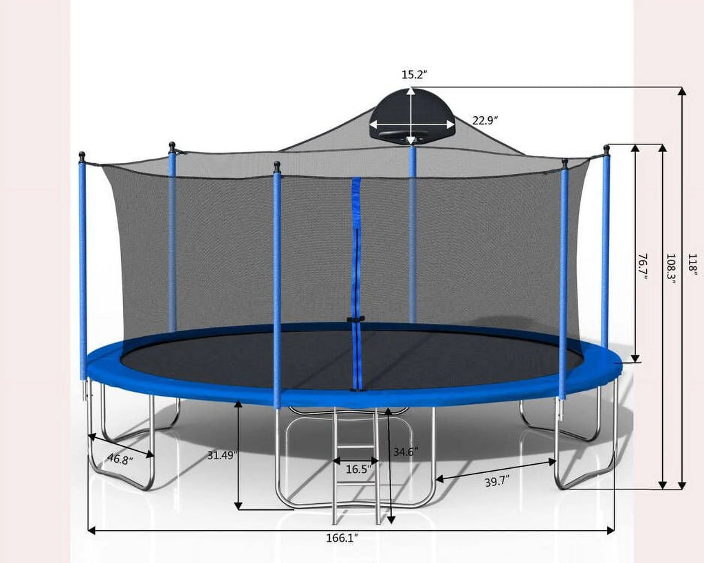 14 FT Trampoline Set with Safety Enclosure Net, Basketball Backboard and Ladder R1539