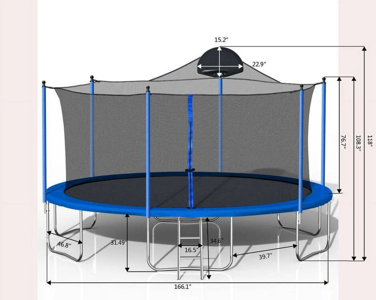14 FT Trampoline Set with Safety Enclosure Net, Basketball Backboard and Ladder R1539