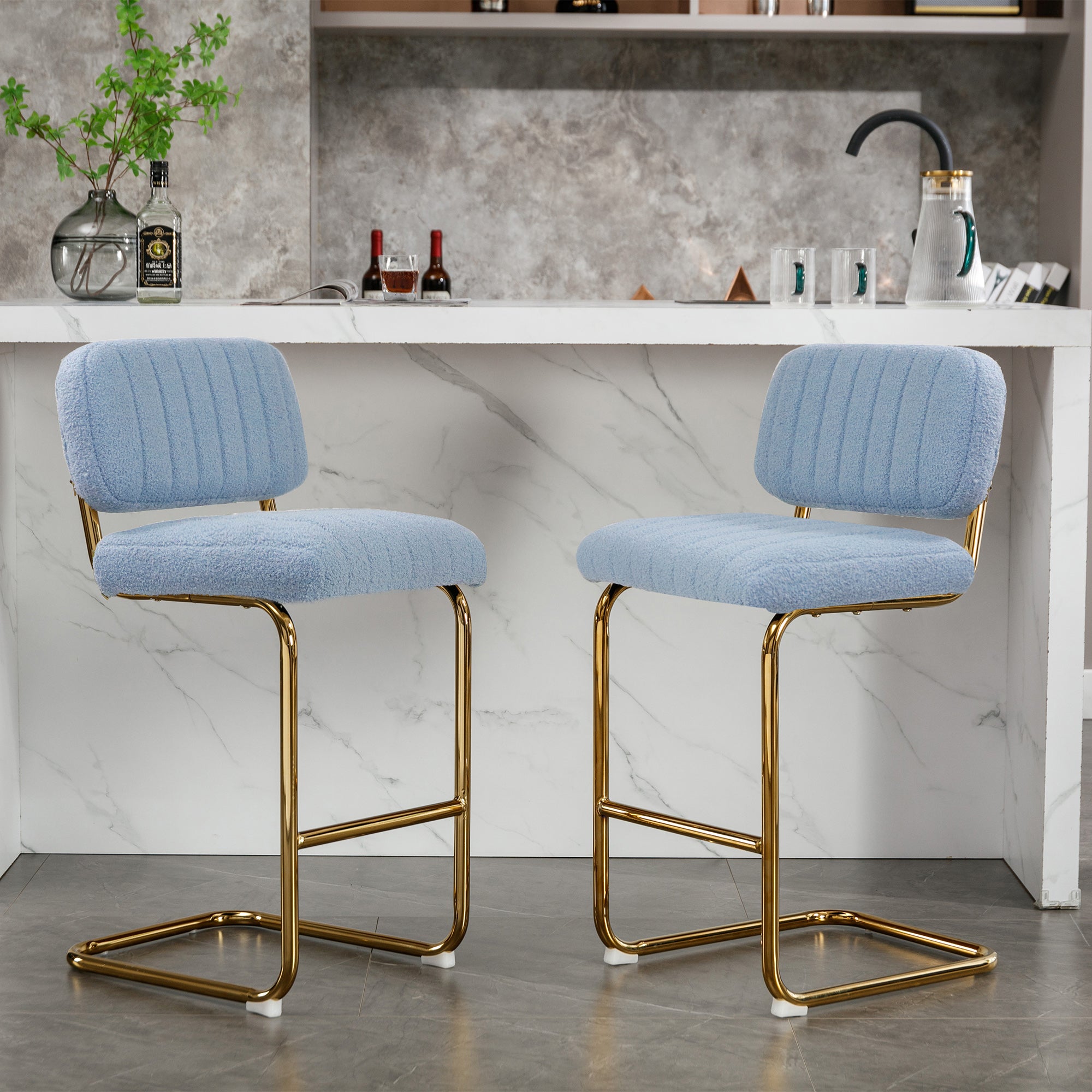 Blue Boucle Upholstered Bar Stools Set of 2 M433