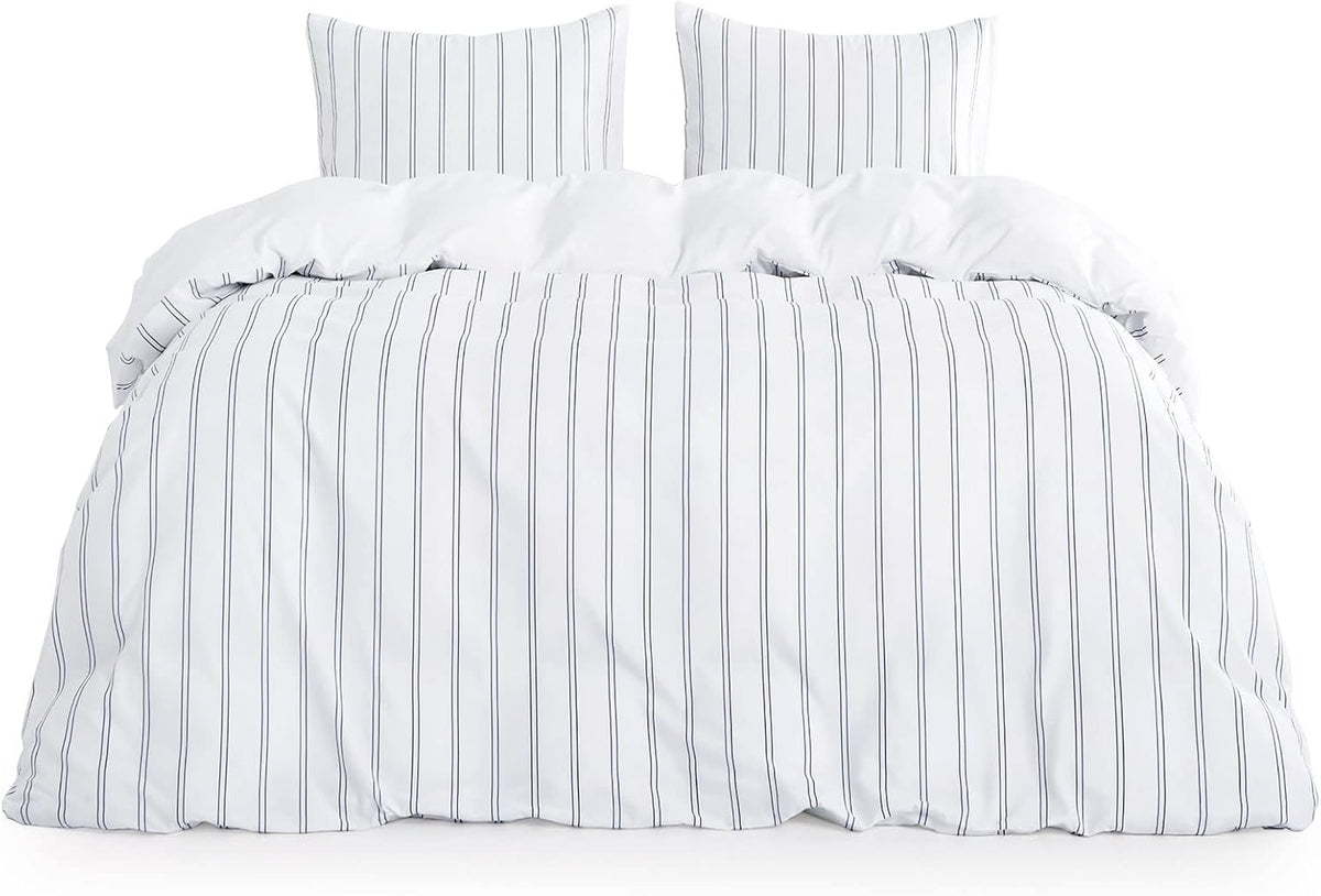 Navy Blue Striped Microfiber Duvet Cover Set (3pcs, King Size) Y894